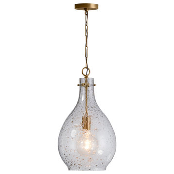 1-Light Pendant, Patinaed Brass With Stone Seeded Glass