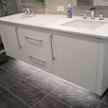 Wall-Mounted Double sink Vanity with Under-Cabinet Lighting and Quartz Counterto
