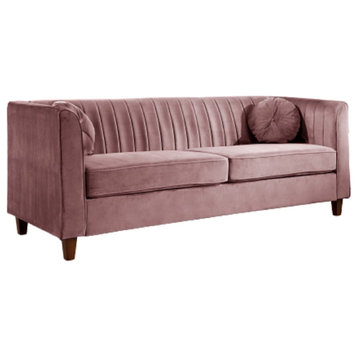 Elegant Sofa, Padded Velvet Seat & Channel Tufted Back With Throw Pillows, Rose