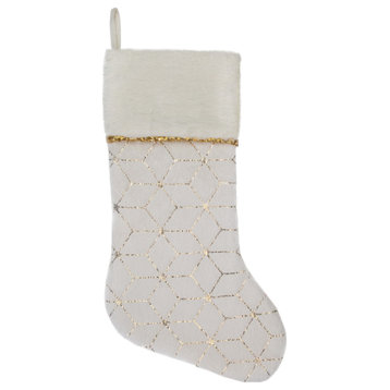 20" White and Gold Faux Fur Geometric Pattern Christmas Stocking