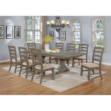 9pc Rustic Gray Brown Wood Dining Set with 8 Beige Linen Chairs