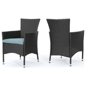 GDF Studio Curtis Outdoor Wicker Dining Chairs With Cushions, Set of 2, Gray/Tea