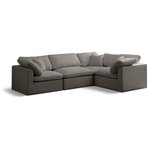 Meridian Furniture - Plush Velvet / Down Standard Comfort L-Shaped Modular Sectional, Grey, 4-Piece: 1 Armless Chair, 3 Corner Chair - No matter how big or little the size of your gang, they can all find their sweet spot when you choose pieces from the Plush collection to build your ideal seating group. Choose this individual Plush piece or pair multiple pieces together to get the custom look everyone will love. The soft grey velvet material is soft and welcoming to the touch, and the set's cushions are overstuffed with a down and feather blend to provide ample support for tired bodies.