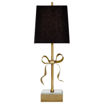 Ellery Table Lamp, 1-Light, Gros-Grain Bow, Brass, Black Linen Shade, 22.75"H