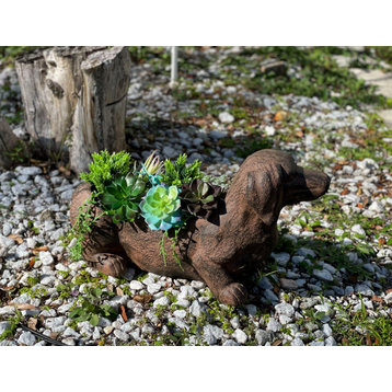 Resin Distressed Rustic Brown Finish Dachshund Dog Indoor Outdoor Planter Plant