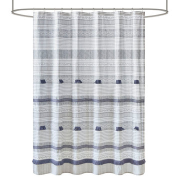 INK+IVY Cotton Stripe Printed Shower Curtain with Tassel, Navy Blue, 72x72"