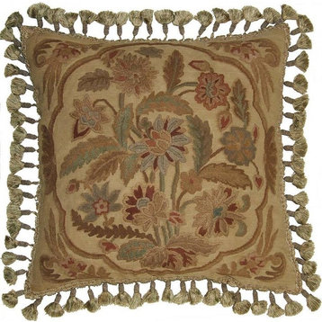 Hand-Embroidered Throw Pillow 22"x22" Country Flowers Leaves