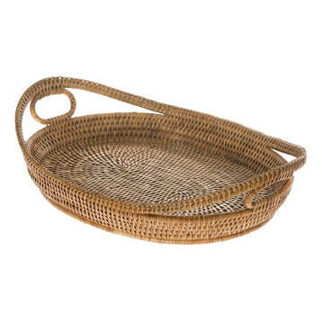 La Jolla Oval Rattan Tray with Looped Handles, Honey-Brown