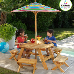 Kids Kraft - Multi Striped Umbrella With Octagon Shaped Table With 4 Stools - Kids Tables And Chairs
