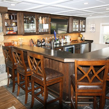 Montville NJ Rustic Alder Bar in Basement - Slate Floor and Ceramic Tile