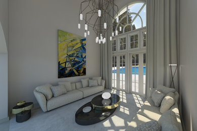 Example of a large trendy formal and open concept marble floor and beige floor living room design in Miami with white walls, no fireplace and no tv