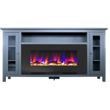 Somerset 70" Blue Electric Fireplace TV Stand With LED Flames, Driftwood Log