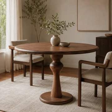 Mason Solid Walnut Round Dining Table | Sculptural Pedestal Design