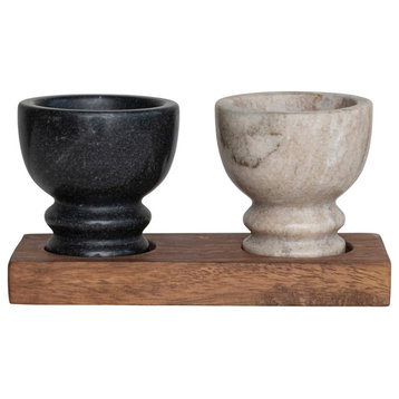 7 Inches Mango Wood Tray With 2 Marble Bowls, Multicolor, Set of 3
