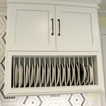 White Cabinets, Grey Countertops and Edgy Tile Backsplash