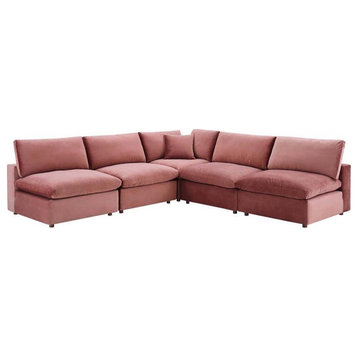 Modway Commix 118" 5-Piece Performance Velvet Sectional Sofa in Dusty Rose Pink