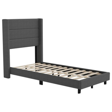 Hollis Upholstered Platform Bed with Wingback Headboard w/Mattress Foundation, Charcoal, Twin
