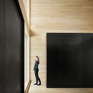 Foto de entrada madera, moderna, con suelo de madera clara, puerta pivotante, puerta negra y madera