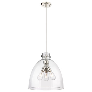 Newton Bell 3 Light 16" Cord Hung Pendant, Polished Nickel, Clear Glass