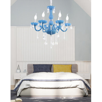 Crystal Multi-color Chandelier with Candles for Kids Bedroom, Blue, 6 Lights