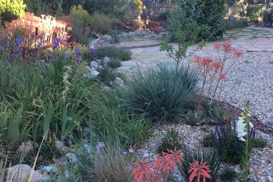 This is an example of a country front yard full sun xeriscape in Los Angeles with gravel.