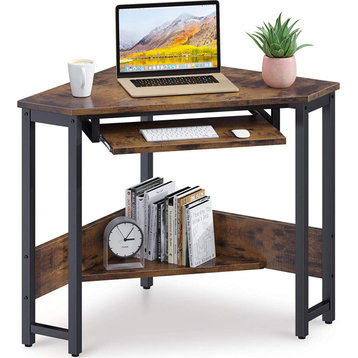 Triangle Computer Desk for Workstation w/ Smooth Keyboard Tray & Storage Shelve