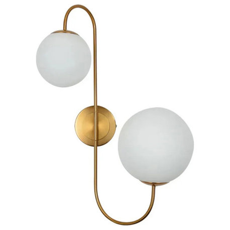 Modern Wall Sconce White Globe Glass Shade 2-Light Wall Lamp in Aged Brass
