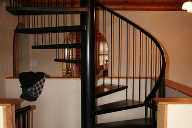 Ejemplo de escalera de caracol tradicional renovada de tamaño medio sin contrahuella con escalones de metal