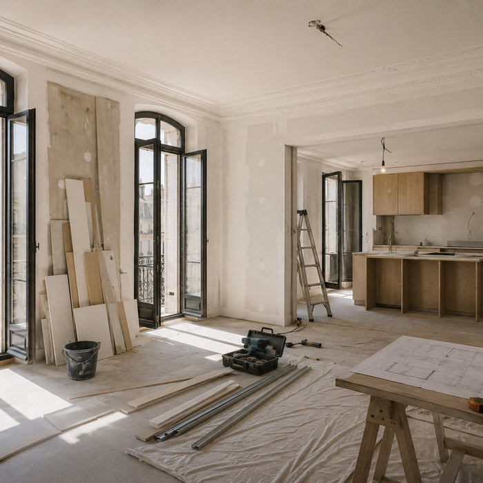 Appartement en cours de rénovation à Marseille avec plans d'architecte, cuisine en création et travaux d'architecture d'intérieur haut de gamme.