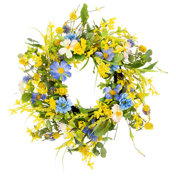 Daisy and Cosmos Floral Spring Wreath 24" Yellow and Blue