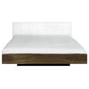 Float Queen Size Bed W/Upholstered Headboard + Mattress Support, White Leather