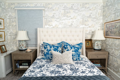 Example of a small zen master carpeted, beige floor, vaulted ceiling and wallpaper bedroom design in New York with no fireplace