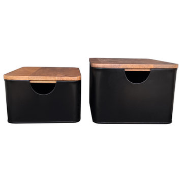 Metal Containers With Mango Wood Lids, Black and Walnut, Set of 2