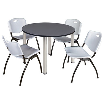Kee 48 Round Breakroom Table- Grey/ Chrome & 4 'M' Stack Chairs- Grey
