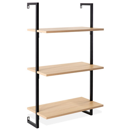 Madera Industrial 3-Shelf Wood Wall-Mounted Open Ladder Bookcase, Metal Frame
