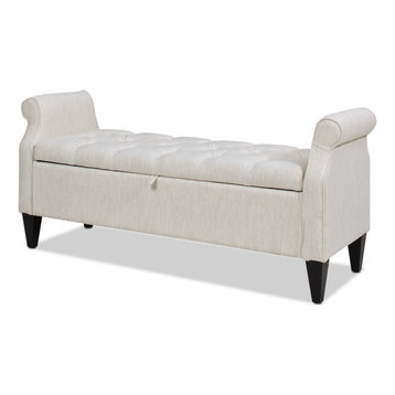 Jacqueline 58" Tufted Roll Arm Storage Bench, Natural White Linen