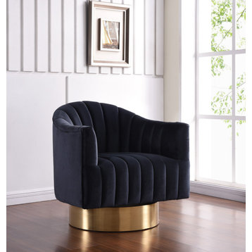 Farrah Velvet Upholstered Accent Chair, Black, Gold Swivel Base