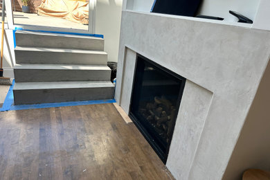 Living room - small contemporary living room idea in Chicago with a concrete fireplace