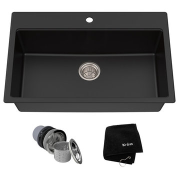 31" Drop-In Undermount Granite Composite Single Bowl Kitchen Sink, Black