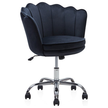 Kaylee Office Chair Upholstered Velvet Seashell Swivel Desk Chair, Black