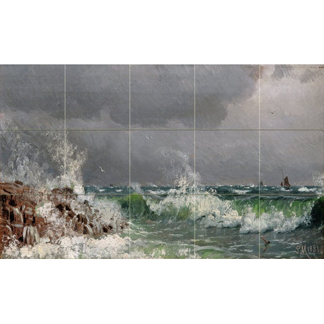 Tile Mural Seascape waves sea cliff gulls Backsplash Four Inch Marble