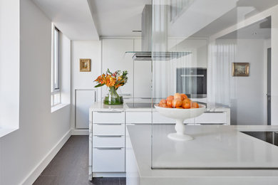 Enclosed kitchen - small contemporary u-shaped slate floor and black floor enclosed kitchen idea in Toronto with a double-bowl sink, flat-panel cabinets, white cabinets, marble countertops, glass sheet backsplash, stainless steel appliances, an island and white countertops