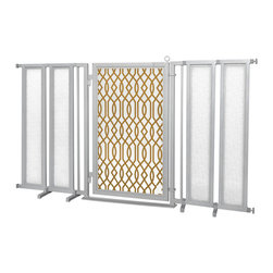 Fusion Gates - Fusion Gate with Gold Lattice Design, Satin Nickel, 71.5"-74" - Dog Gates