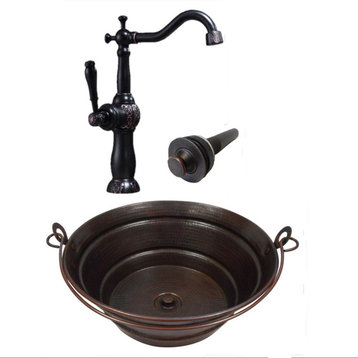 15" Round Copper Bucket Vessel Bath Sink, 13" Clayborne ORB Faucet & Drain
