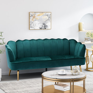 Ohnstad Modern Velvet Channel Stitch 3 Seater Shell Sofa, Teal + Gold
