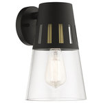 Livex Lighting - Covington 1-Light Black Outdoor Medium Wall Lantern, Soft Gold Accents - Made of steel, the Covington black finish outdoor wall lantern has a versatile look that can be placed almost anywhere. The soft gold finish accents & hand blown clear glass adds the perfect finishing touch.
