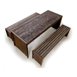 Outdoor Furniture, Antique Wood and Steel Bench and Table - Outdoor Dining Furniture