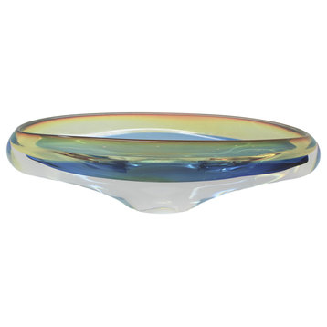 Elegant Amber Blue Oval Art Glass Canoe Bowl Long Contemporary Minimalist Clear