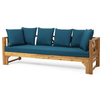 Camille Beach Outdoor Extendable Acacia Wood Daybed Sofa, Dark Teal