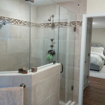 Shower with Half-Wall and Frameless Glass Partition